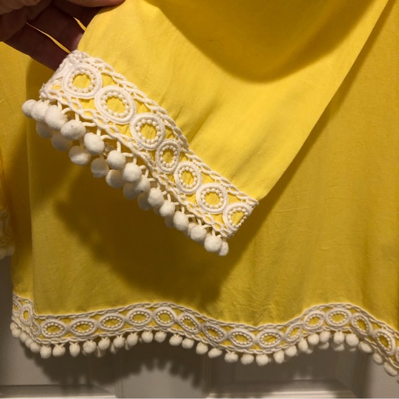 SEATON Retro Yellow Tunic Beach Pool Coverup 100% Cotton PomPon Fringe Size M - Picture 3 of 15